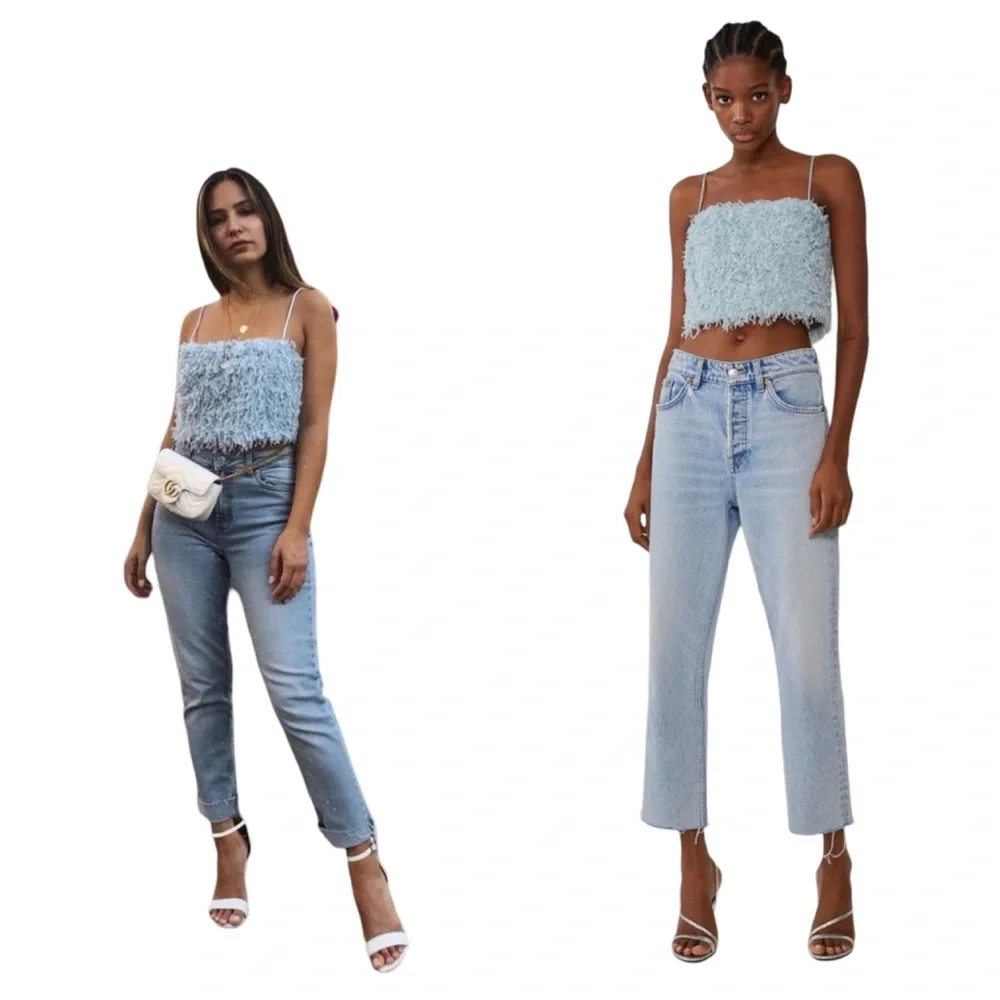 Zara Baby Blue Feather Crop Top SZ Small Old Money Glam Aesthetic Bougie Beach - Picture 3 of 13